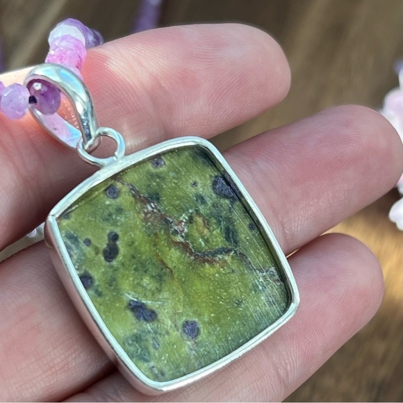 Solid Sterling Silver 925 Atlantisite Square Pendant Amethyst Necklace Purple - Picture 6 of 8